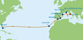 Rome to Miami Transatlantic gay cruise on Celebrity Reflection map