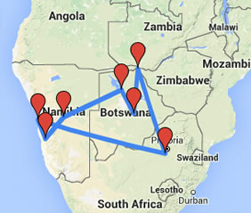 Namibia, Botswana & South Africa Gay Tour Map